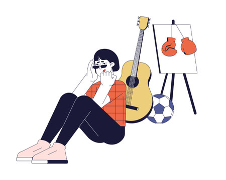 Lack of interest in hobbies line cartoon flat illustration. Anhedonia. Indifferent woman 2D lineart character isolated on white background. Seasonal affective disorder symptom scene vector color imageのイラスト素材