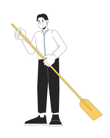 Formal wear Korean man holding paddle 2D linear cartoon character. Asian young male isolated line vector person white background. Water activity paddleboarding color flat spot illustrationのイラスト素材