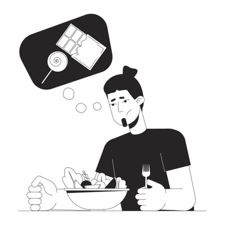 Craving sweets during winter black and white 2D illustration concept. Unhappy man with salad cartoon outline character isolated on white. Seasonal affective disorder metaphor monochrome vector artのイラスト素材