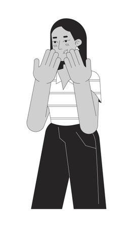 Embarrassed middle eastern young adult woman black and white 2D line cartoon character. Arab happy...
