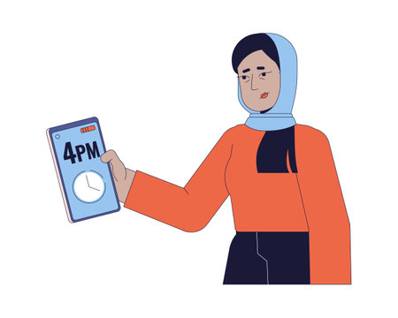 Exhausted hijab woman checking time on cellphone 2D linear cartoon character. Insomniac muslim scarf female isolated line vector person white background. Being late color flat spot illustrationのイラスト素材