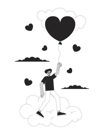 Hispanic man flying with balloon above clouds black and white 2D line cartoon character. Cloudy heart baloon male latin american isolated vector outline person. Monochromatic flat spot illustrationのイラスト素材