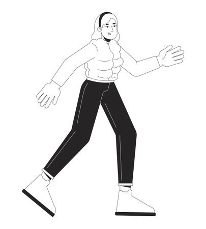 Blonde woman jogging in cold weather black and white 2D line cartoon character. Caucasian female athlete isolated vector outline person. Sportswoman running winter monochromatic flat spot illustrationのイラスト素材