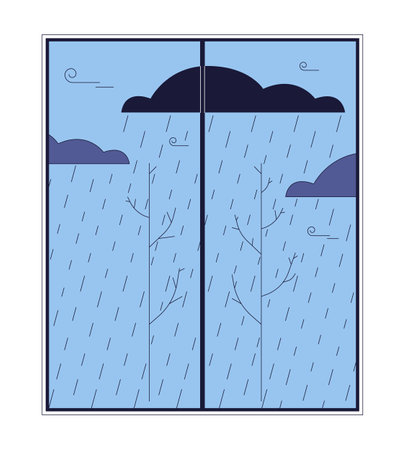 Rainy bad weather behind window 2D linear cartoon object. Falling rain drops glowy clouds isolated line vector element white background. Rainfall autumn season overcast color flat spot illustrationのイラスト素材