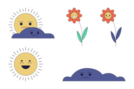 Weather seasons changing 2D linear cartoon characters set. Forecast, emotional flowers isolated line vector personages white background. Environmental color flat spot illustrations collectionのイラスト素材