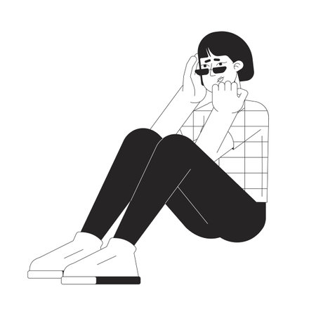 Anxious woman korean black and white 2D line cartoon character. Asian nervous female isolated vector outline person. Headache holding head girl sitting on floor monochromatic flat spot illustrationのイラスト素材
