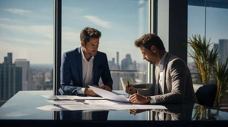 Mentorship business ai generated image wallpaper. Workplace collaboration photography background. Coworking office picture scene photorealistic. Adults team building concept photo realisticの素材