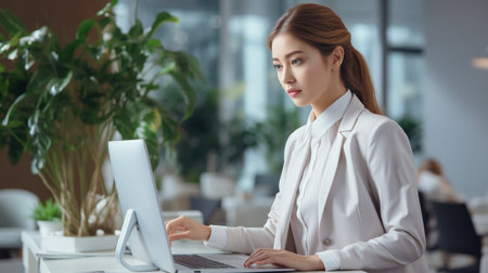 Asian caucasian female secretary at workplace ai generated image wallpaper. Workspace office photography background. Occupation business picture scene photorealistic. Company concept photo realisticの素材