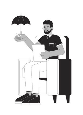 Psychologist helps with depression black and white 2D line cartoon character. African-American male counselor isolated vector outline person. Psychological treat monochromatic flat spot illustrationのイラスト素材