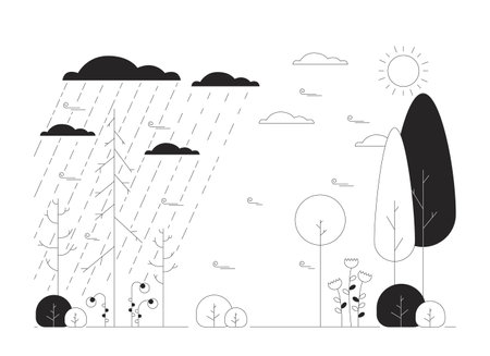 Nature seasons changing black and white cartoon flat illustration. Rainy bad weather transit to sunny day 2D lineart landscape isolated. Springtime winter monochrome scene vector outline imageのイラスト素材