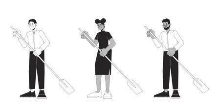 Formal diverse adults rowing paddles black and white 2D line cartoon characters set. Multicultural isolated vector outline people collection. Water activity monochromatic flat spot illustrationsのイラスト素材