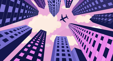 Plane flying over high rise buildings lofi wallpaper. Airplane skyscrapers below view 2D cartoon flat illustration. Aircraft megalopolis. Dreamy chill vector art, lo fi aesthetic colorful backgroundのイラスト素材