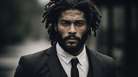 Sad black man suit ai generated monochrome portrait image. Grief african american formal black and white photography studio shot. Mournful picture close-up photorealistic. Dramatic concept photoの素材