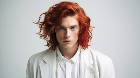 Red haired young man in white clothing ai generated portrait image. Redhead boy fantasy photography studio shot. Guy handsome picture photorealistic. Photo realistic, white background copy spaceの素材
