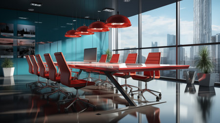 Red accent formal conference table ai generated background image. Workspace interior desktop wallpaper picture. Corporate culture photo backdrop. Company room concept photography indoors sceneの素材