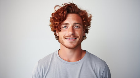 Freckles redhead man smiling relaxed ai generated portrait image. Kindness blue eyes photography studio shot. Caucasian male picture photorealistic. Photo realistic, white background copy spaceの素材