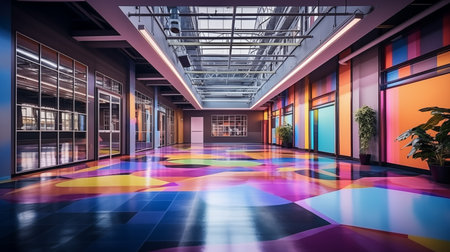 Colorful floor glass ceiling hallway office building ai generated background image. Company hall desktop wallpaper picture. Vibrant professional photo backdrop. Spacious inspired concept photographyの素材