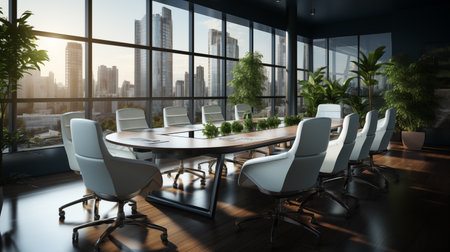 White office chairs greenery meeting table ai generated background image. Business interior desktop wallpaper picture. Corporate photo backdrop. Productive work concept photography indoors sceneの素材
