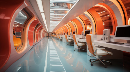 Surrealist aesthetic open office orange ai generated background image. Workspace desktop wallpaper picture. Corporate culture photo backdrop. Inspiring work atmosphere concept photography indoorsの素材