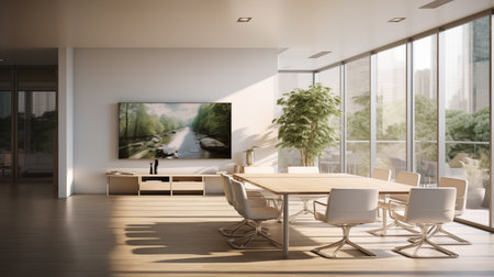 Natural lighting boardroom collaboration ai generated background image. Interview meeting room desktop wallpaper picture. Conference table photo backdrop. Corporate concept photography indoors sceneの素材