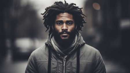 Gloomy urban african-american dreadlocks man ai generated headshot portrait image. Dreadlocks black man photography studio shot. Looking at camera picture photorealistic. Street style photo realisticの素材