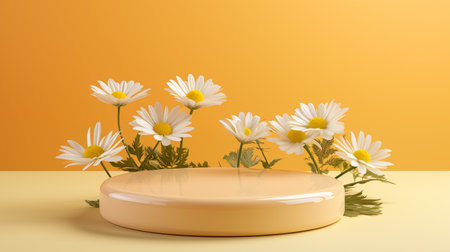 Chamomiles on yellow ai generated pedestal podium mockup. Peaceful nature themed showcase empty space background. Organic refreshing presentation product display front view, platform stage designの素材