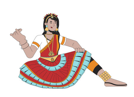 Woman dancer bharatanatyam on Deepavali line cartoon flat illustration. Diwali dancer female Indian...