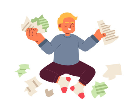 Important documents ruined by toddler naughty cartoon flat illustration. Laughing caucasian kid tears paper 2D character isolated on white background. Happy accident scene vector color imageのイラスト素材