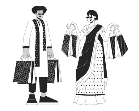 Diwali gift bags black and white cartoon flat illustration. Indian ethnic wear people diverse 2D lineart characters isolated. Indian festival of lights shopping monochrome scene vector outline imageのイラスト素材