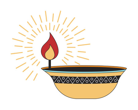 Indian diwali diya oil lamp 2D linear cartoon object. Hinduism auspicious custom isolated line vector element white background. Festival of lights hindu festival color flat spot illustrationのイラスト素材