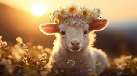 Floral head wreath lamb baby sunshine ai generated background image. April paschal animal desktop wallpaper picture. Happy Easter sheep closeup photo backdrop. Festive springtime concept compositionの素材