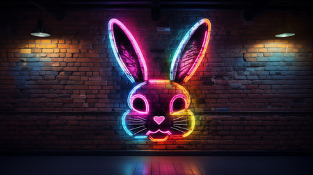 Multicolor electric neon rabbit brick wall outline ai generated background image. Bunny signboard night club desktop wallpaper picture. Nighttime Easter photo backdrop. Sci fi cyberpunk conceptの素材