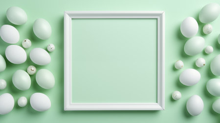 Pastel green dyed eggs square ai generated frame mock up. Eco friendly april paschal photoframe mockup with blank space. Celebrating spring Easter concept composition top view, border pictureの素材