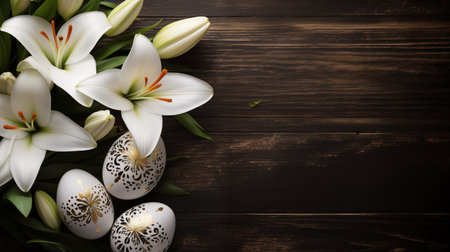 Catholic religious Easter lilies ai generated banner background copy space. Eastertide flowers spring image backdrop empty. April resurrection paschal sunday concept composition top view, copyspaceの素材