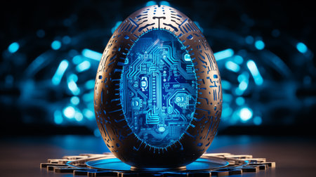 Glowing neon futuristic Easter egg hitech ai generated background image. Advanced easteregg desktop wallpaper picture. Technology eggshell closeup photo backdrop. Sci-fi device concept compositionの素材
