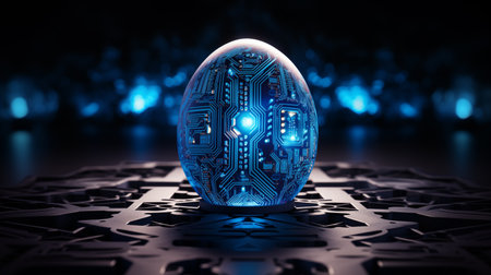 Futuristic circuit board egg spotlight ai generated background image. Artificial easteregg desktop wallpaper picture. Technology eggshell closeup photo backdrop. Sci-fi machine concept compositionの素材