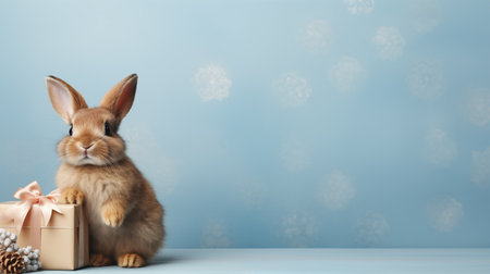 Cute fluffy bunny with giftbox ai generated banner background copy space. Easter rabbit present on blue image backdrop empty. Congrats hare merry Christmas concept composition front view, copyspaceの素材
