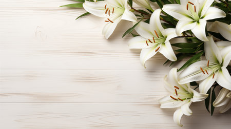 Fresh Easter lilies bouquet ai generated banner background copy space. Eastertide flowers spring image backdrop empty. April resurrection paschal sunday concept composition top view, copyspaceの素材