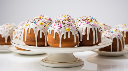 Icing Easter fruitcakes on pedestal cake stand ai generated background image. Delicious pastry glaze sprinkles wallpaper picture. Eastertide bake serving photo backdrop. Eastertime food conceptの素材