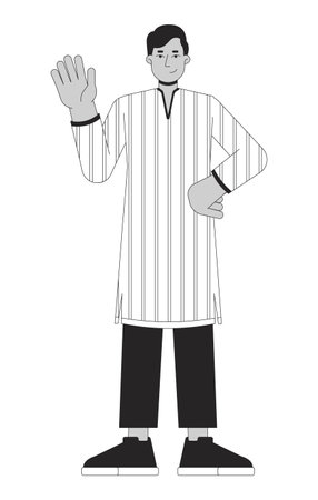 Tunic kurta young adult man waving hand black and white 2D line cartoon character. South asian guy isolated vector outline person. Hindu festival Deepawali monochromatic flat spot illustrationのイラスト素材