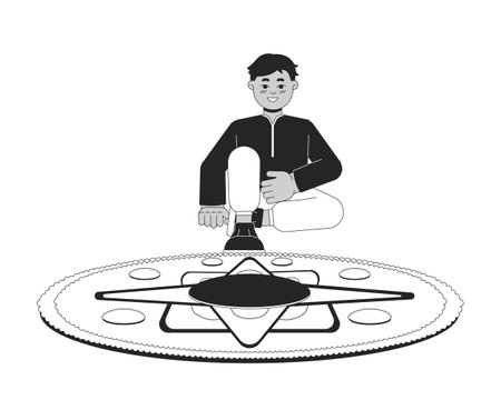 Young Indian boy creating rangoli black and white 2D line cartoon character. South asian child...