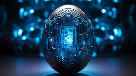 Digital Easter egg circuit ai generated background image. Electronic egg desktop wallpaper picture. Circuit board texture close up photo backdrop. Sci-fi cybernetics concept composition front viewの素材