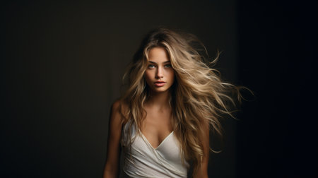 Blonde caucasian female attractive posing ai generated portrait image. Woman blond hair waving wind photography studio shot. Picture photorealistic. Fashion model photo realistic, black backgroundの素材