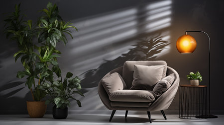 Gray velvet armchair living-room shadow plants ai generated background image. Comfy seating spot photo backdrop. Contemporary furniture wallpaper picture. Minimalistic home concept photographyの素材