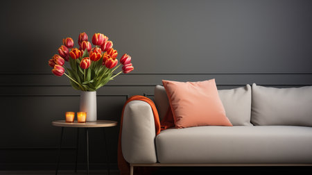 Bloom tulips vase living-room minimalist ai generated background image. Simplicity contemporary photo backdrop. Floral decoration interior picture. Minimalist living with flowers concept photographyの素材