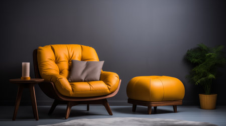 Vivid orange armchair ottoman living room ai generated background image. Cushy seat dark gray wall photo backdrop. Contemporary furniture wallpaper picture. Minimalistic home concept photographyの素材