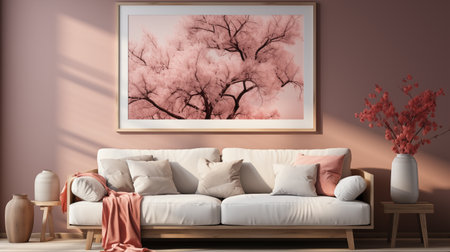 Elegant asian decor in living room ai generated background image. Domestic cozy furniture photo backdrop. Harmonious ambience wallpaper picture. Minimalistic interior concept photography indoors sceneの素材