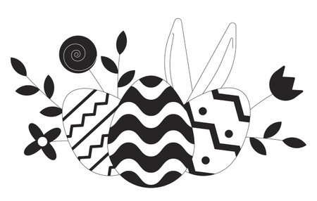 Easter eggs spring flowers black and white 2D line cartoon object. Springtime floral eastereggs isolated vector outline item. Decorative ornate. Eastertime holiday monochromatic flat spot illustrationのイラスト素材