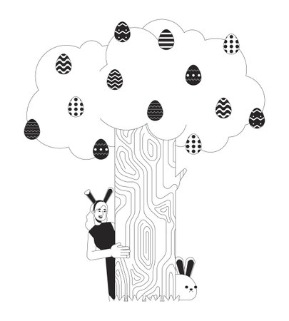 Bunny ears woman peeking around tree black and white 2D line cartoon character. Caucasian female isolated vector outline person. Girl hiding behind eastertree monochromatic flat spot illustrationのイラスト素材