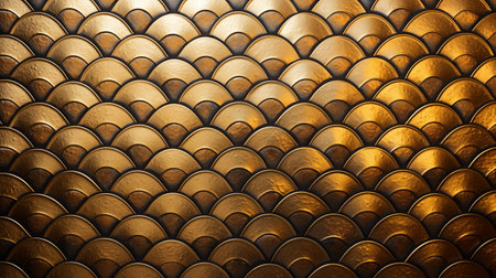 Sophisticated gold dragon scales ai generated metal pattern. Enchanting mesmerizing fashion textile scaly metallic texture abstract background design. Fantasy theme backdrop wallpaper patternedの素材